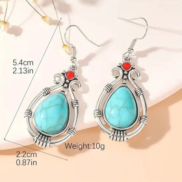 Turquoise Necklace & Earring 3pc Set Silver Glam Trendy Y2K Hipi Boho Minimalist - Picture 4 of 5
